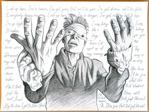 Bowie 'Lazarus' sketch print variant with hand rendered lyrics in pencil