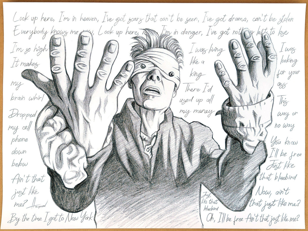Bowie 'Lazarus' sketch print variant with hand rendered lyrics in pencil